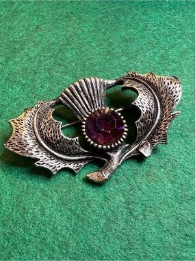 Vintage Scottish Thistle Brooch Amethyst Rhinestone Silver Tone